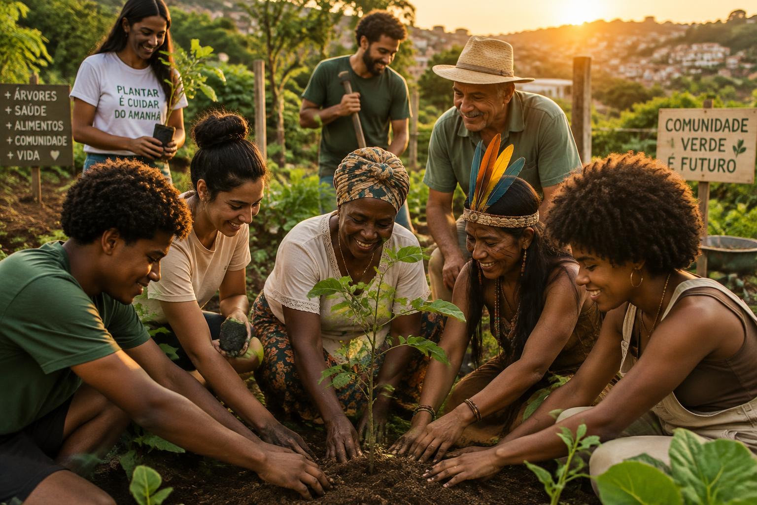 Pessoas da comunidade plantando uma árvore juntas